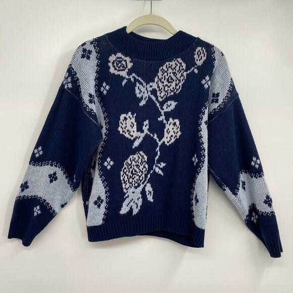 Vintage 80s Sweater Cross Stitch Floral Design Pullover Navy Blue Womens Medium - Picture 1 of 6